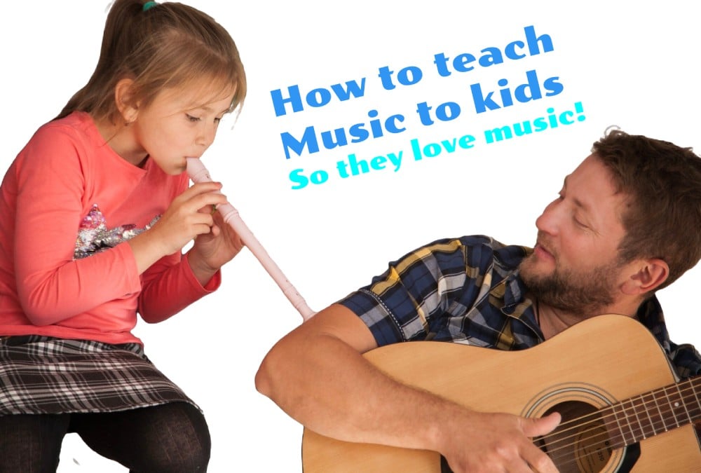 A father teaching guitar to this daughter who is playing flute. The image is the featured image of the article how to teach music to kids.