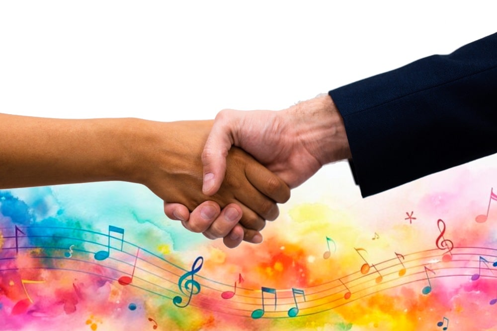 Handshake between an employer and teacher applying for music teacher jobs.