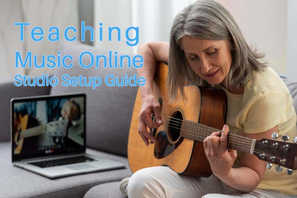 Woman taking online guitar lessons. Featured image for a post for a studio setup guide for teaching music online.