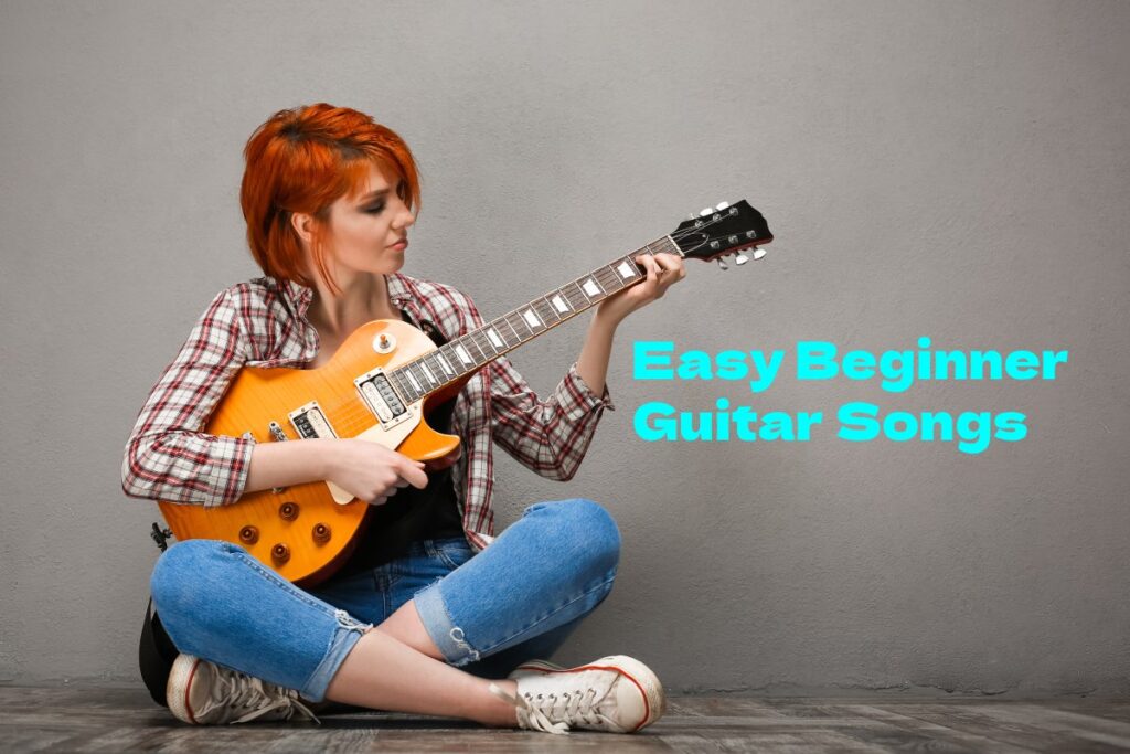 Woman holding an electric guitar learning an easy beginner guitar song.