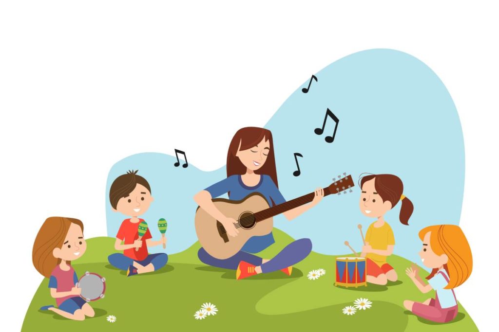 Drawing of guitar teacher playing for kids. A representation of guitar lessons Toronto