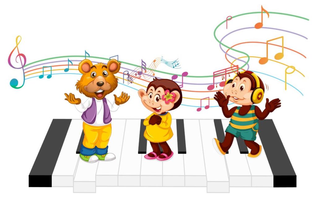 Piano lessons for kids in Toronto, featuring cartoons dancing on a piano